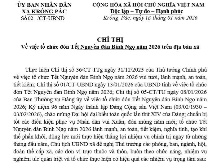Chỉ thị về việc tổ chức đón Tết Nguyên đán Bính Ngọ năm 2026 của UBND xã Krông Pắc